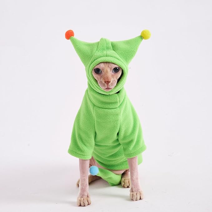 Sphynx Cat Clothes, Warm Cat Jumpsuit with Hat and Tail Cover, Full Set for Hairless Cats, Cornish Rex and Devon Rex (Green, L(6.5-8lbs))