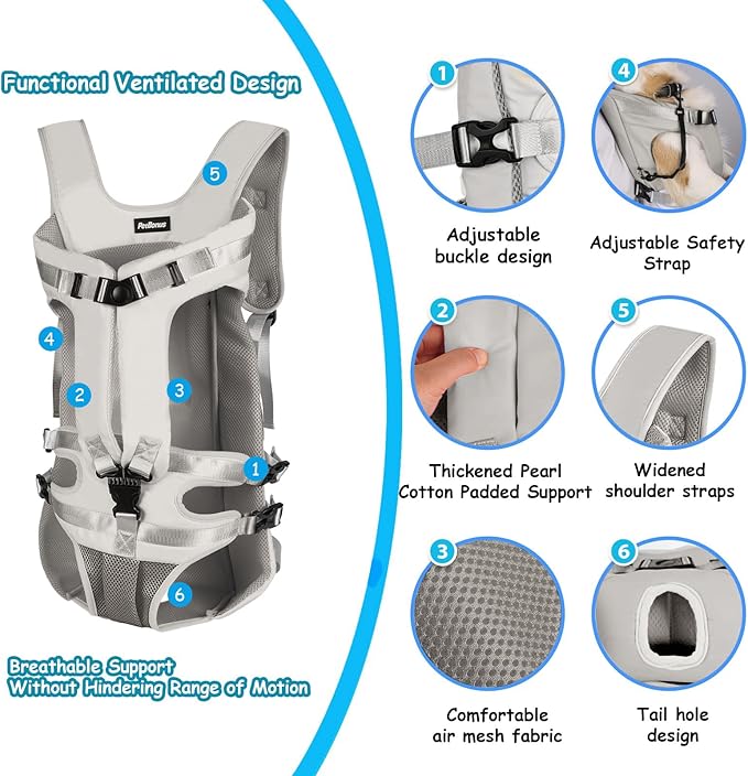 PetBonus Pet Front Dog Carrier Backpacks, Adjustable Pet Backpack, Legs Out Easy-fit Puppy Chest Carrier for Medium Small Dogs, Hands Free for Hiking, Cycling (Grey, XL)