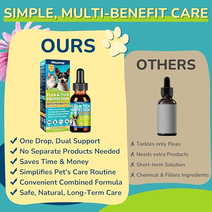Flea Defense + Probiotic Support Drops, Natural Flea and Tick Prevention for Dogs and Cats, Cat & Dog Flea Treatment & Probiotics Drop, Dual-Function Flea Prevention Drops, Chicken Flavor