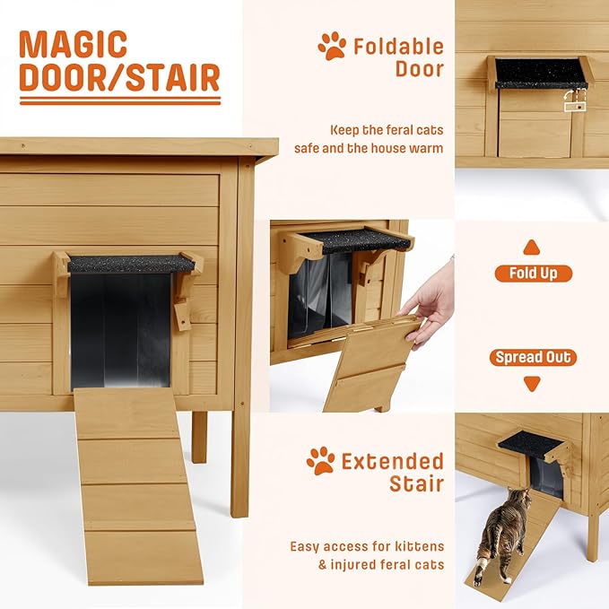 BRIOPAWS Feral-Outdoor-Cat-House-Insulated | Outside-Cat-Shelter for Winter | Weatherproof | Large Wooden Pet House for Multiple Cats | Foldable Ladder | Acrylic Side Window | Brown