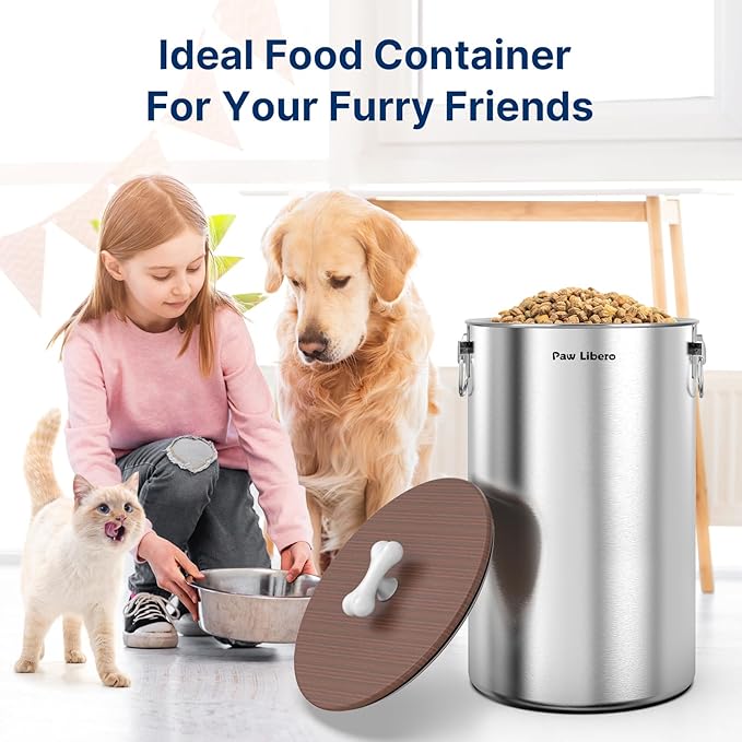 35 Lbs Stainless Steel Dog Food Storage Container with Airtight Wooden Lid & Ceramic Bone Handle, Large Metal Dog Food Bin, Pet Treat Jars for Dogs & Cats, Keep Fresh, Easy to Clean