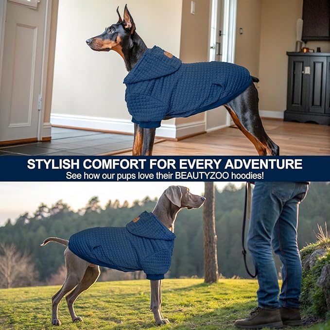 BEAUTYZOO Small Dog Hoodie Sweater with Pockets, Dog Clothes for Small Medium Dogs Boy Girl, Waffle-Like Laminated Cotton Pet Coats with Hat and Leash Hole, Navy Blue SM
