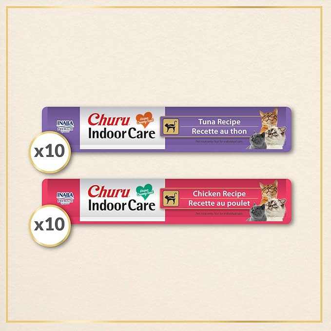 INABA Churu Indoor Care for Hairball Control, Functional Lickable Cat Treat with Taurine & Green Tea Extract, 0.5oz Each, 20 Tubes Total, Tuna & Chicken Variety