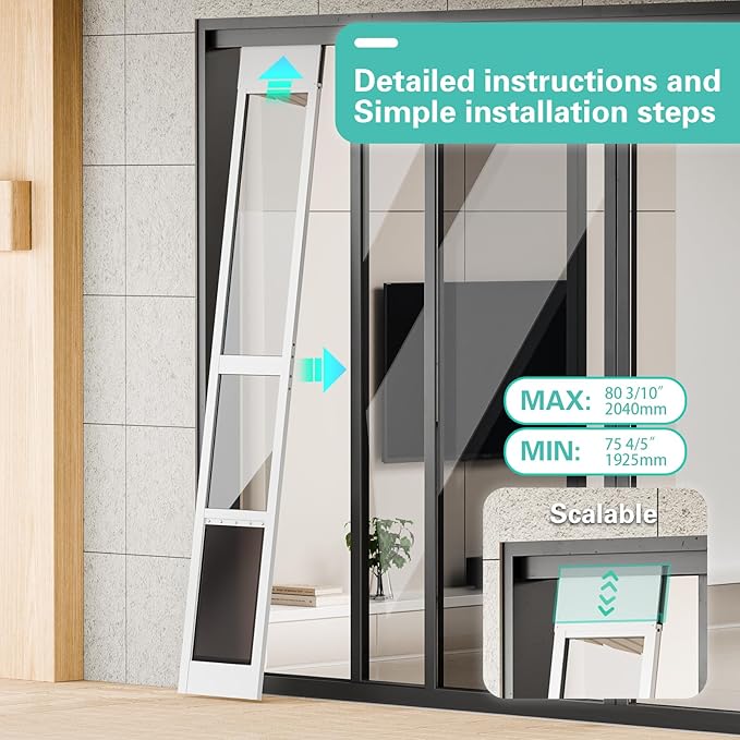 X-Large Dog Door for Sliding Glass Door, Adjustable Height 75 4/5" to 80 3/10" Sliding Door Pet Door Insert, Suitable for Dogs Up to 200 lbs, White