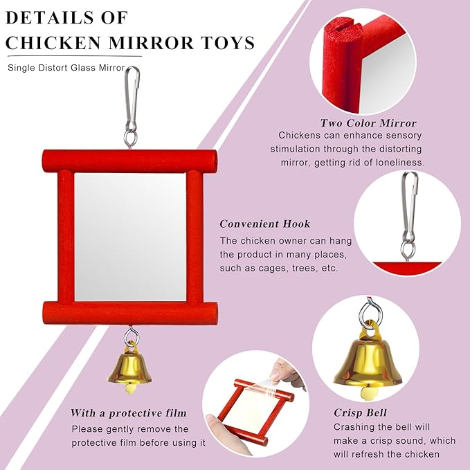 Sumind 2 Pieces Chicken Mirror Toys Hanging Swing Mirror with Bell Wooden Pecking Toy and 4 Pieces Beak Grinding Molar Stones for Hens Birds Parrots (Red,Orange)