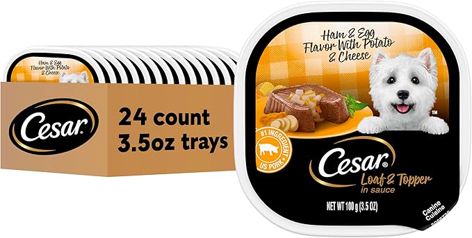 Cesar Loaf & Topper in Sauce Wet Dog Food, Ham & Egg Flavor with Potato & Cheese, Wet Food for Dogs, 3.5 oz Easy Peel Trays, 24 Count