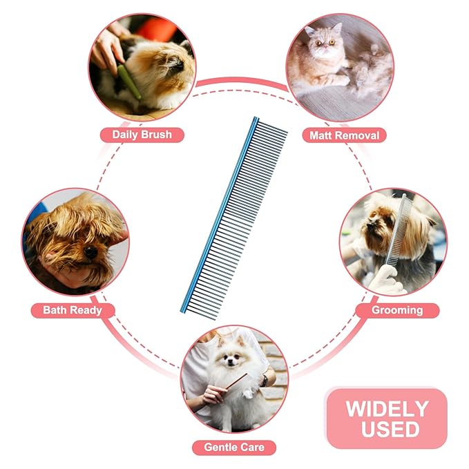 Dog Cat Comb, Pet Combs Stainless Steel Teeth with Rounded Ends for Knots Mats Loose Hair Removal, 7.5IN (Blue Plated, 3 Pack), Grooming Tool Intended for Long Curly Hair Pet