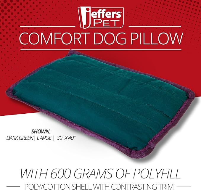 Jeffers Pet Comfort Dog Pillow, Large 30" x 40", Dark Green – Machine Washable Dog Bed for House, Sofa, Crate & Travel – Poly Cotton Shell, Winter Warmth, Soft, Comfy, Durable, Top Pet Bedding