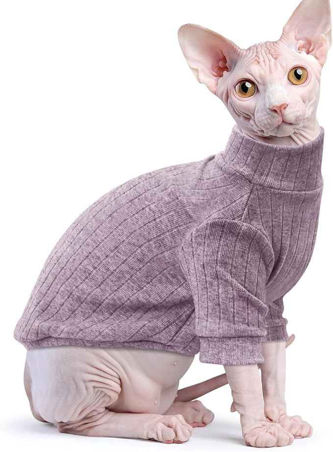 Idepet Sphynx Hairless Cats Sweater Shirt Kitten Soft Puppy Clothes Pullover Cute Cat Pajamas Jumpsuit Cotton Apparel Pet Winter Turtleneck for Cats and Teacup Chihuahua Small Dogs(Purple,S)