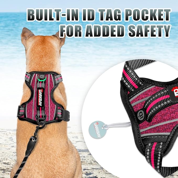 BARKBAY No Pull Dog Harness Large Reflective Dog Harness with Front Clip and Easy Control Handle for Walking Training Running with ID tag Pocket(Pink/Black,XL)