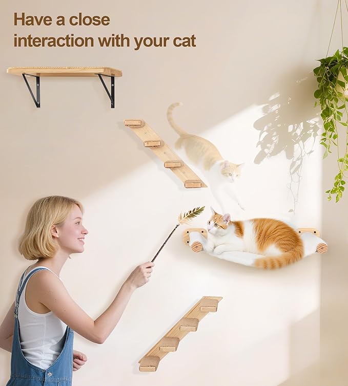 Cat Wall Hammock, Dual-Sided Cat Wall Bed with Canvas & Plush Fabric for All Seasons, Wall Mounted Shelf for Large Cats, Modern Perches for Lounging & Napping