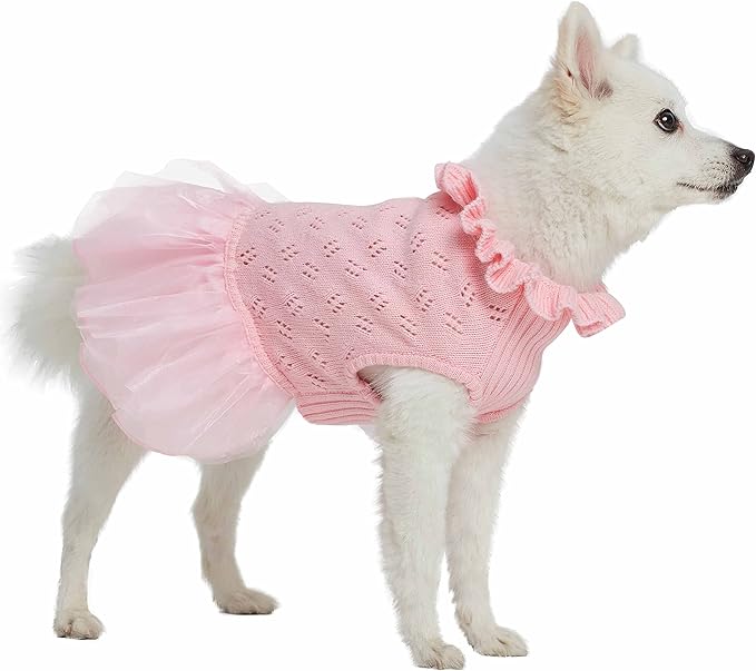 Blueberry Pet My Cutie Princess Ruffle Collar Dog Sweater Dress with Layered Tulle, Pink, Back Length 12", Fall Winter Clothes for Girl Dogs
