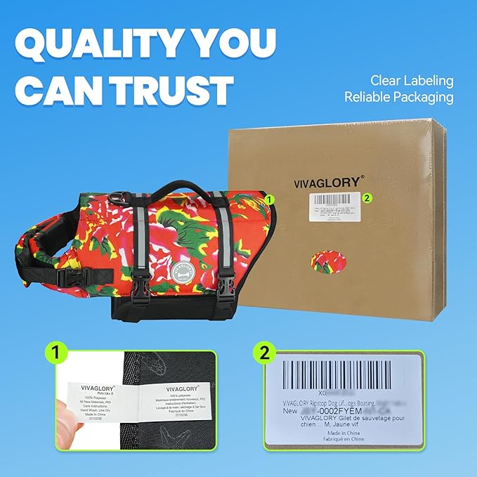 VIVAGLORY Rip Stop Dog Life Vest, Swimming Vest with Handle, Buoyancy for Doggy Puppy, Dog Life Jacket for Swimming & Boating, XS, Northeast Florals-Red