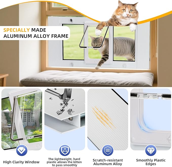Full Size Cat Door Window Insert 27"-32" Various Sliding Windows, 4 Flexible Locking Modes, High-Definition, high-Transparency cat Door for Windows, Magnetic Reset Design