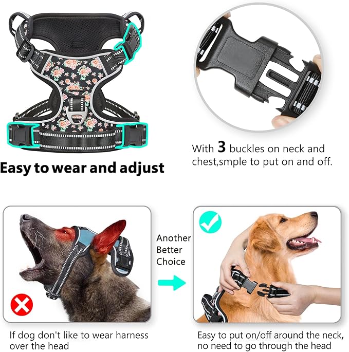 Timos Dog Harness, No-Pull Pet Harness with 2 Leash Clips, 3 Snap Buckles Adjustable Soft Padded Dog Vest, Reflective No-Choke Pet Oxford Vest with Easy Control Handle for Small Medium Large Dogs