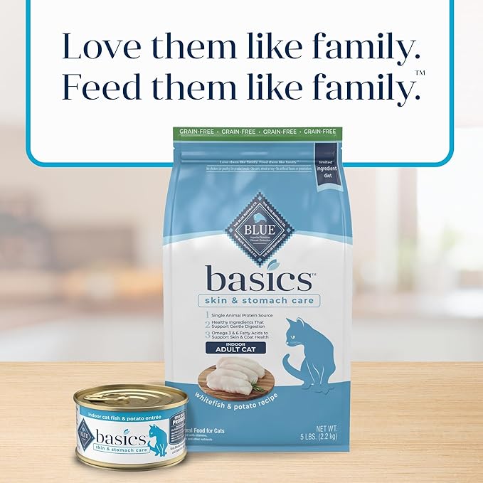 Blue Buffalo Basics Grain-Free Dry Cat Food, Skin & Stomach Care, Limited Ingredient Diet for Indoor Cats, Whitefish & Potato Recipe, 5-lb. Bag