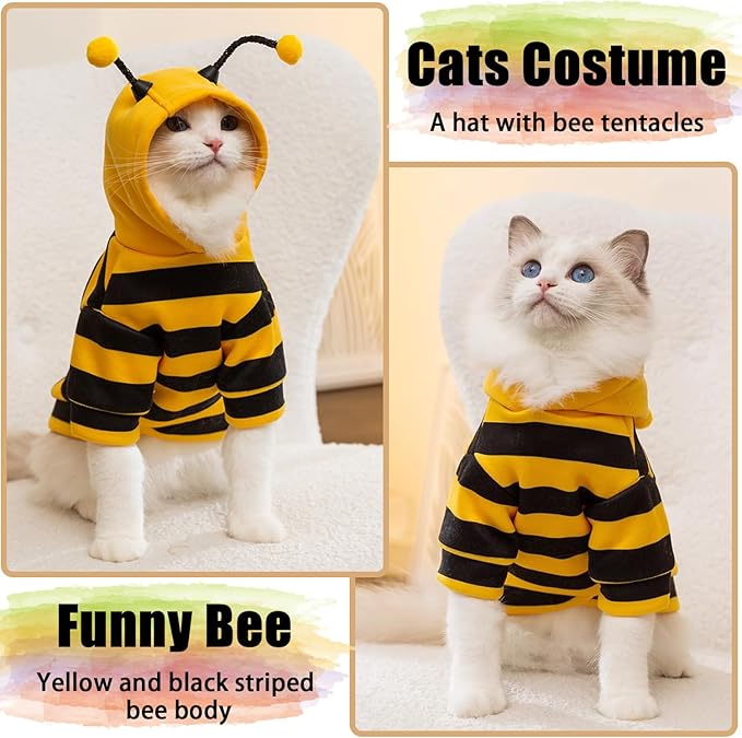 DENTRUN Sphynx Hairless Cats Costume Funny Bee Warm Winter Sweater Cute Pullover Kitten Shirts Breathable Cat Leisure Wear Turtleneck Vest Adorable Cat's Clothes Jacket Pajamas Jumpsuit, S