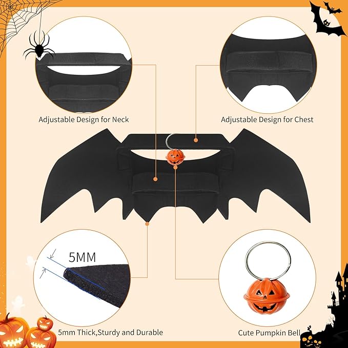Cat Halloween Costume, Cat Costumes, Small Dog Halloween Costumes - Bat Wing with Pumpkin Bell for Pet Halloween Cosplay Party Dress Up Accessories (Small)