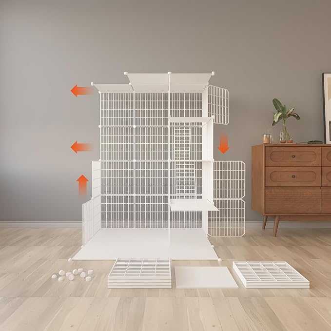 Large 4-Tier Cat Cage Indoor, DIY Cat Enclosures Detachable Metal Wire, Indoor Cat Crate Exercise Place Ideal for Kitty, Small Animals (White, 41" L x 14" W x 55" H, 7)