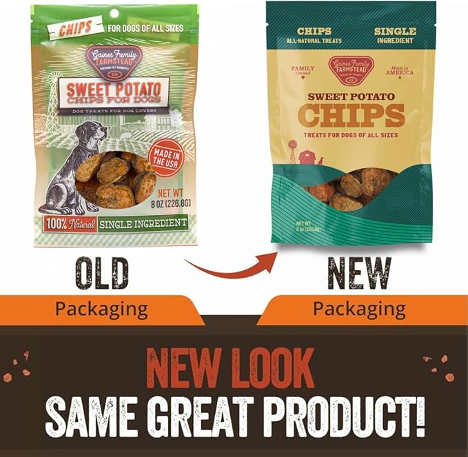 Gaines Family Farmstead Sweet Potato Chips for Dogs - 8 oz Single-Ingredient, All-Natural Dog Treats, Grain-Free & High in Fiber, Crunchy Training Treats, Made in USA