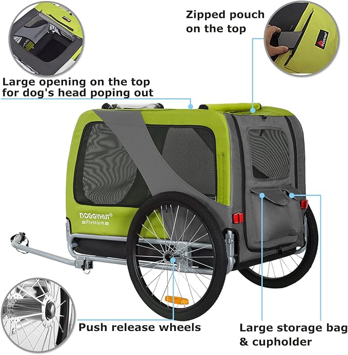 DOGGYHUT® Premium XL Pet Bike Trailer for Large Dog or Multiple Small Dogs, Up to 100 lbs,Dog Bicycle Carrier,Low Center of Gravity,Easy Folding Frame Cart