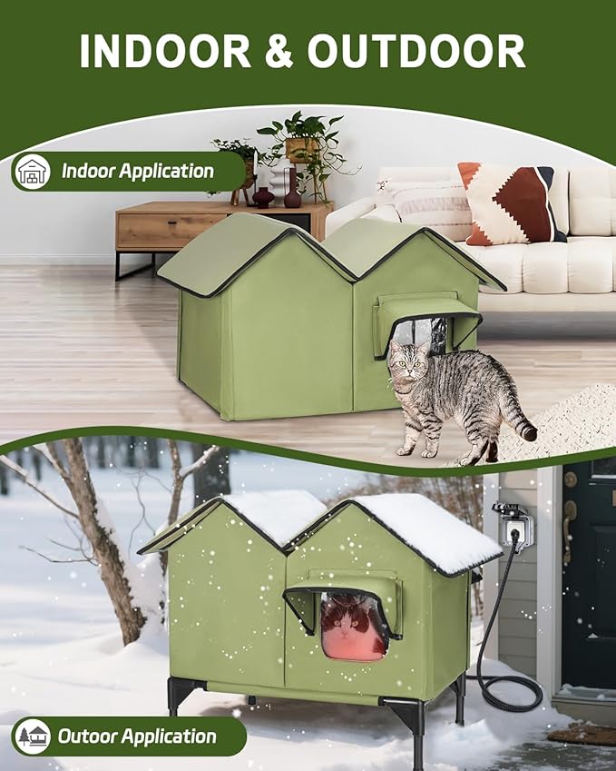 Large Heated Cat House for Outside in Winter, Elevated Insulated Heated Outdoor Cat House Weatherproof with Heating Pad, Waterproof Outdoor Cat Shelter for Multiple Cats Small Dogs(Green)