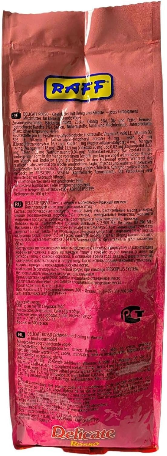Raff Delicate Rosso 500g – Red Canary Food Enriched with Honey and Carrots – Specialized Red Factor Formula for Seed-Eating Birds Seeking Vibrant Plumage and Optimal Health