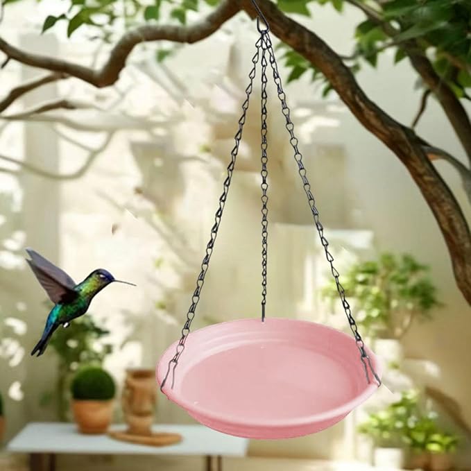 Hanging Bird Feeder and Waterer Tray Water Feeding Bowl Garden Decor with Chains Sturdy Birds Water Station for Backyard Yard, Pink