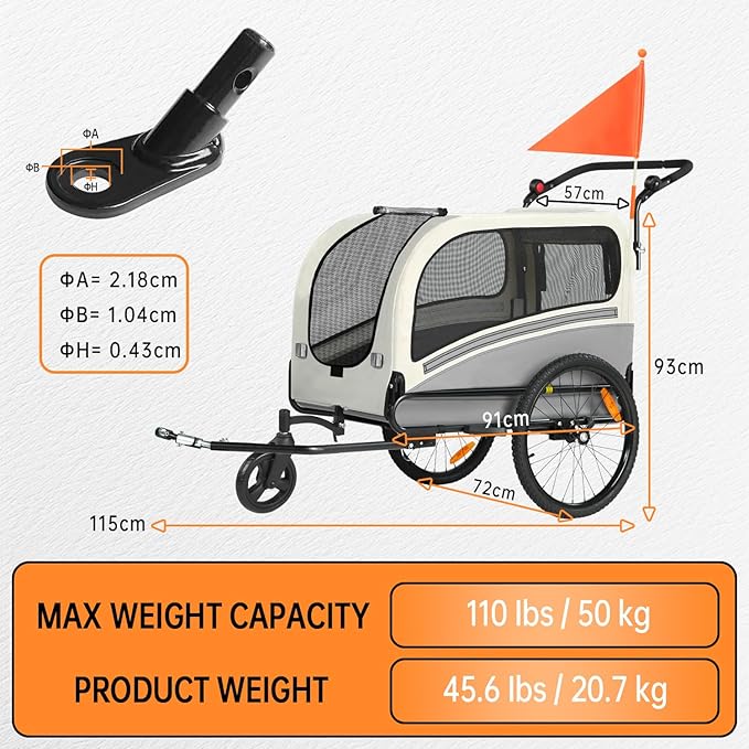 Sepnine Dog Bike Trailer, Supports up to 110 lbs, 2-in-1 Pet Stroller Cart Bicycle Carrier, Easy Folding Cart Frame with Quick Release Wheels, Universal Bicycle Coupler, Non-Slip Floor, Internal Leash
