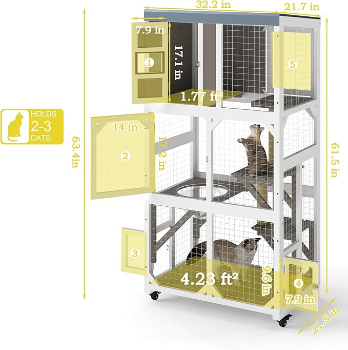 Catio Outdoor Cat Enclosure,Outdoor Cats House with 5 Platforms & Space Capsule,Wooden Cat Catio Cats Enclosure with Weatherproof Oxford Cloth Roof & 4 Wheels,Grey