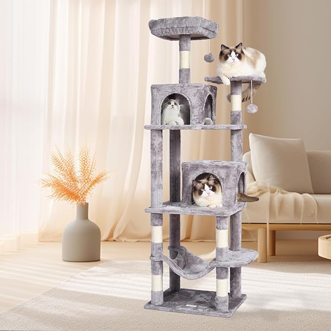 VEVOR Cat Tree for Indoor Cats, 63" Cat Tower with 2 Cat Condos, Sisal Scratching Post, Hammock, Top Perch, Jumping Platforms, Large Cat Furniture Activity Center with Hang Ball, Light Grey