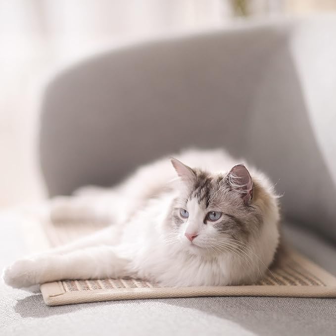 FUKUMARU Cat Scratcher Mat, 23.6 X 15.7 Inch Natural Sisal Cat Scratch Mats, Horizontal Cat Floor Scratching Pad Rug, Protect Carpets and Sofas (Cream - Thicken)