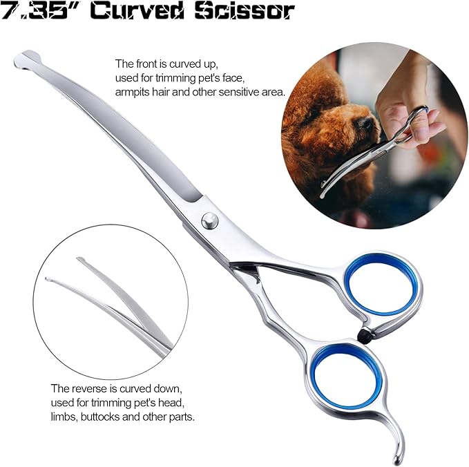 Dog Grooming Scissors for Dogs with Safety Round Tips, 5 in 1 Dog Scissors for Grooming, Professional Curved Pet Grooming Shears Set for Dogs and Cats