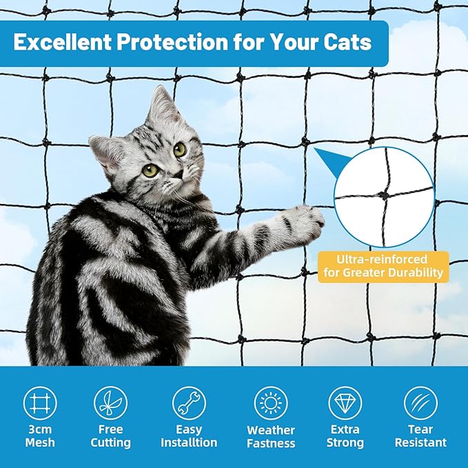 Lewondr Cat Netting Balcony, 10x13ft Steel Wire Reinforced Balcony Screen for Pets, Anti-Fall Pet Mesh Fence Cat Safety Net for Balcony, Window, Stair, Patio