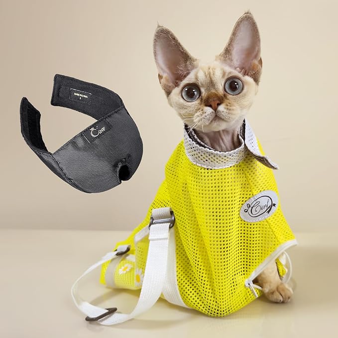 Cinf Cat Bathing Bag(Free Muzzle) Breathable Mesh Anti Scratch Adjustable Cat Grooming Bag for Nail Trimming, Bathing Soft Cat Washing Bag(Yellow) L