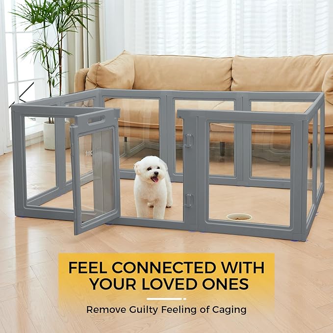 Clear Dog Play Pen - Easy Assemble Durable Plastic Acrylic Dog Playpen - Dog Playpen Indoor, Puppy Playpen, Cat Playpen, Small Animal Playpen, Dog Play Pen Indoors (Grey, 23.6" H, 8PCS)