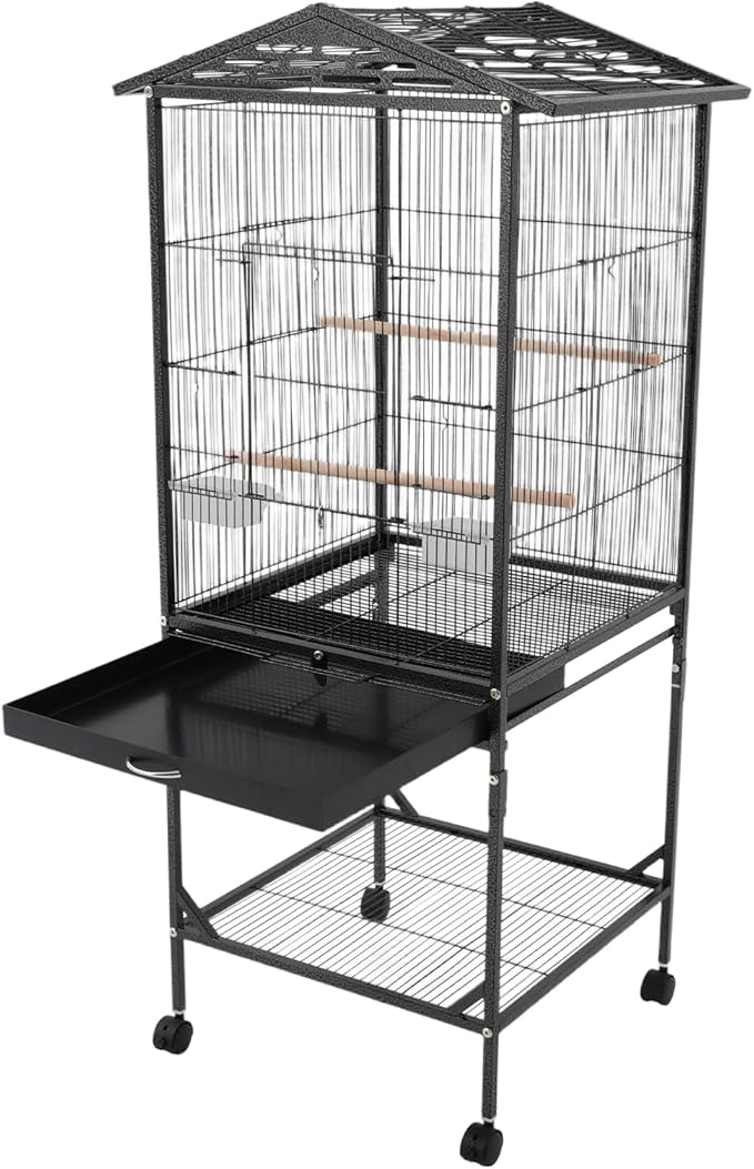Large Bird Cage with Stand & Wheels, Freestanding Parakeet Birdcage with Wooden Stands & Feeding Cups, 49.2 Inch Bird Flight Cages for Parrot Canaries Cockatiels Budgie Parrotlet (Black-C)