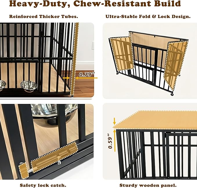 48" Dog Crate Furniture Foldable, Large Dog Kennel Furniture with Swing-Out Bowl & Dual Base Sets (Feet+Wheel), No Assembly Foldable Dog Crate Furniture, End Table for Large Dogs, Warm Gray