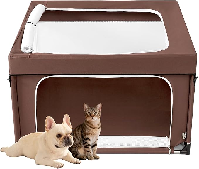 EHEYCIGA 42x42x26 Inches Puppy Playpen with Top Cover for Dogs & Cats Indoor or Outdoor - Dog Playpen with Door, Dog Fence for Small Animal with Heavy-Duty Oxford & Steel Frame, Brown