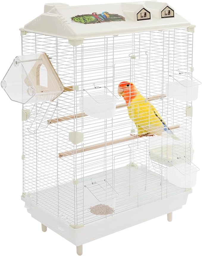 Two-Tier Bird Cage, 30 Inch Pigeons Parrot Birdcage with Safe Rotary Door Lock, White Parakeet Cage for Small to Medium Birds, Easy Access Double Doors. (D)