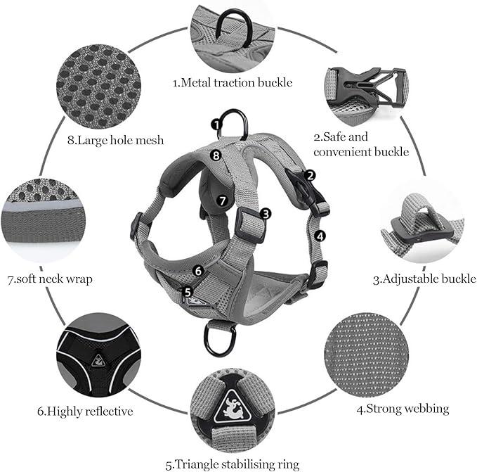 Wanheart cat Chest Harness and Leash, Anti-Escape Adjustable Soft mesh cat Leash and Chest Harness Set for All Types of Cats cat Vests (Grey, 3.3-6.6lb)