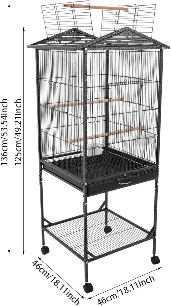 Large Heavy Duty Wrought Iron Bird Cage with Open Play Top Area & Rolling Stand, Spacious Flight Cage for Parrots, Parakeets, Cockatiels & Lovebirds (Black)