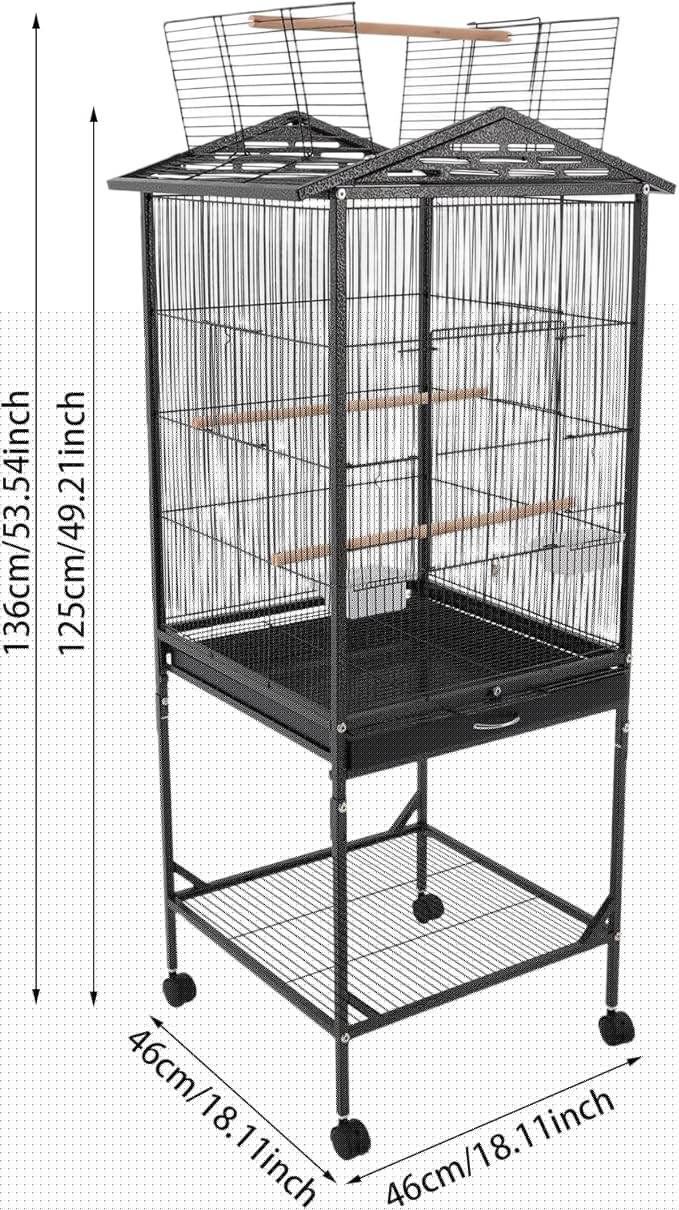 Large Bird Cage with Stand & Wheels, Freestanding Parakeet Birdcage with Wooden Stands & Feeding Cups, 49.2 Inch Bird Flight Cages for Parrot Canaries Cockatiels Budgie Parrotlet (Black-C)