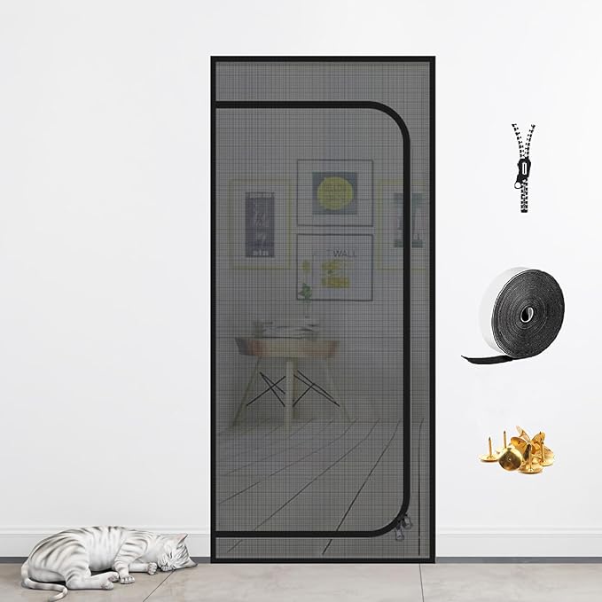 DOOREASY Cat Screen Door, Upgraded Pet Door Mesh Screen Prevent Cats Dogs from Running Out, Cat Resistant Screen Door with Zipper Closure, Easy Install (Fits Doors Up to 36"x96")