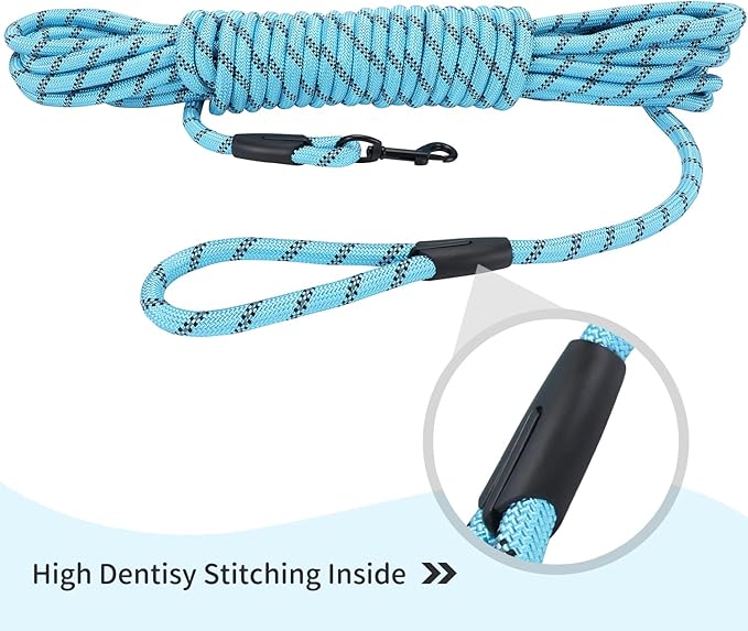 Long Dog Leash for Training 50Ft-Reflective Nylon Rope with Swivel Hook-Recall Agility Lead for Large Small Medium Dogs Outside Walking Hiking-Sky Blue