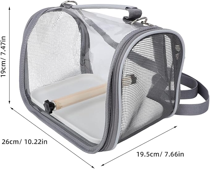 YARNOW Portable Bird Travel Cage Carrier with Wooden Perch, Small Gray Lightweight Outing Bag for Parrots and Lizards, Portable Pet Transport Cage for Vet Visits and Outdoor Trips