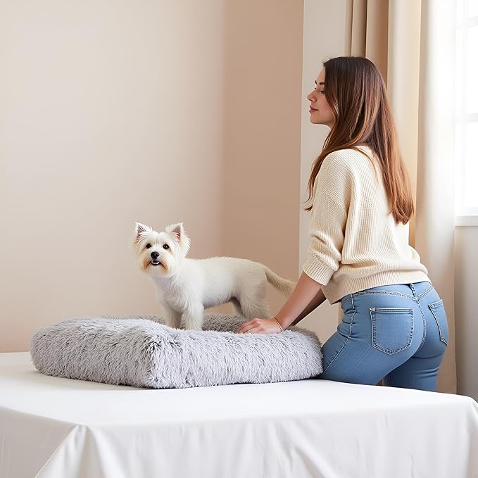 Small Dog & Cat Bed, Washable Warm Winter Fluffy Heated Calming Dog Crate Bed for Small Size Pets, Supportive Plush Crate Pad for Dogs(18 * 12", Light Grey).