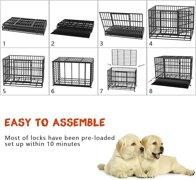 LEMBERI 38 inch Heavy Duty Indestructible Dog Crate, Escape Proof Dog Cage Kennel with Lockable Wheels,High Anxiety Double Door Dog Crate,Extra Large Crate Indoor for Large Dog with Removable Tray