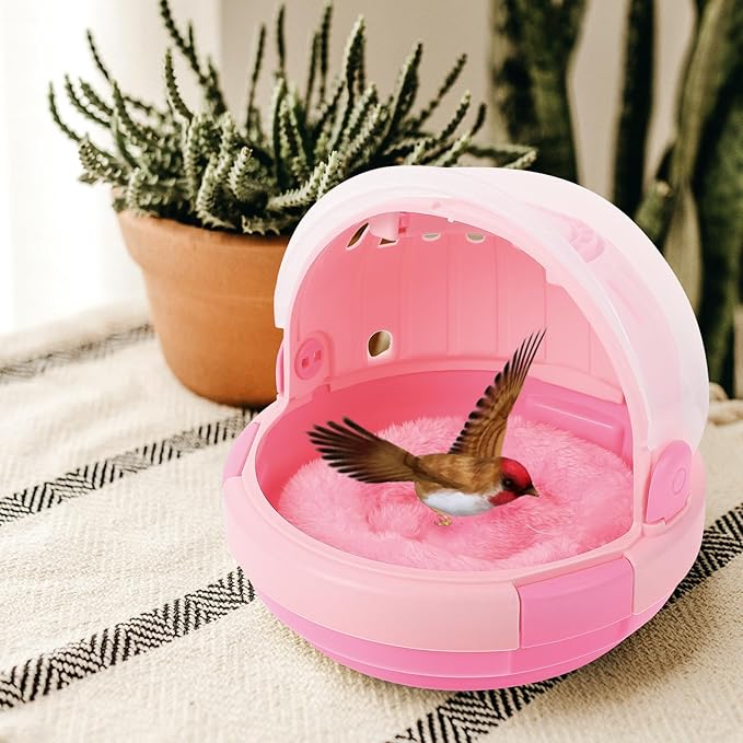 BESPORTBLE Portable Parrot Travel Cage Carrier with Warm Nest Pad, Lightweight Bird Carrier for Small Birds, Pink Space Capsule Design for Outdoor Use and Pet Sleeping Bed