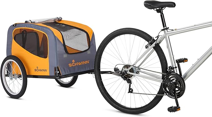 Schwinn Rascal Pet Trailer, Holds Pets Up to 50 or 100 lb, Universal Coupler, Folding Frame, Quick-Release Wheels, Rear Doggy Door, Leash, Washable Liner, Bug Screen, Schwinn Bike Trailer for Pets